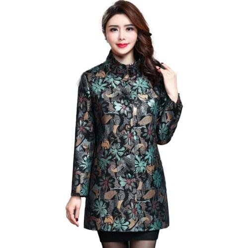 Women Comfortable PU Faux Leather Jacket New Middle-aged Ladies Retro Leather Trench Floral Printed Coats Female Outerwear 6XL