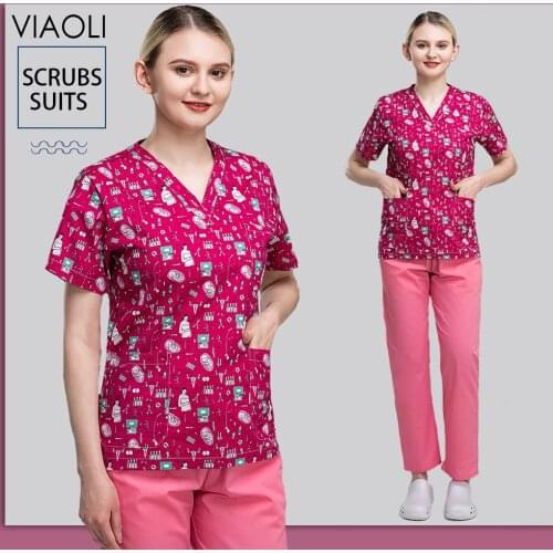 Beauty Salon Workwear Women Printing Scrubs Tops Pet Club Work Uniforms Spa Uniforms Lab Women Scrubs Medical Costume Wholesale