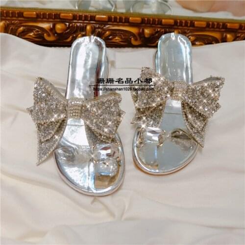 Summer new water drill bright crystal set finger sandals slippers women diamond bow flash slope heels