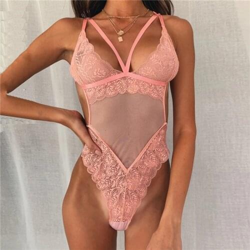 Women Sexy Lingeries Ladies Lace Teddy Features Plunging Eyelash Crotch Bodysuit Female Solid Color Sleeveless Casual Underwear