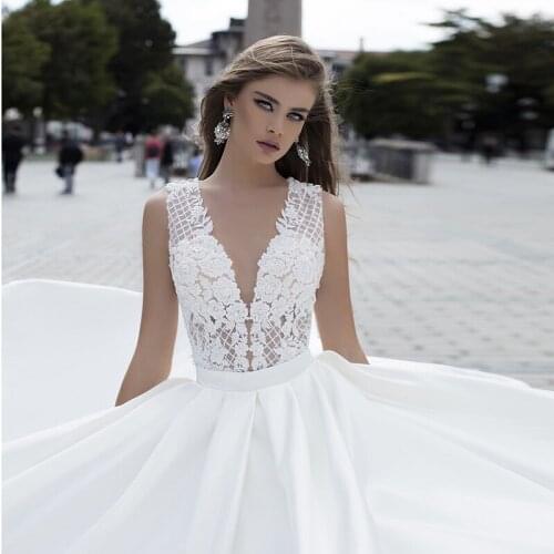 2021 Boho Romantic V Neck Wedding Dress vestido de noiva White Lace Satin A Line Bridal Gowns New style