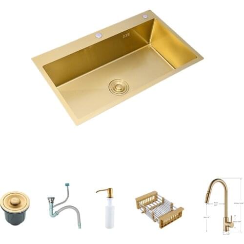 53x43cm Above Counter Gold Kitchen Sinks Vegetable Washing Basin Sinks 304 Stainless Steel Handmade Single Bowl with Faucet