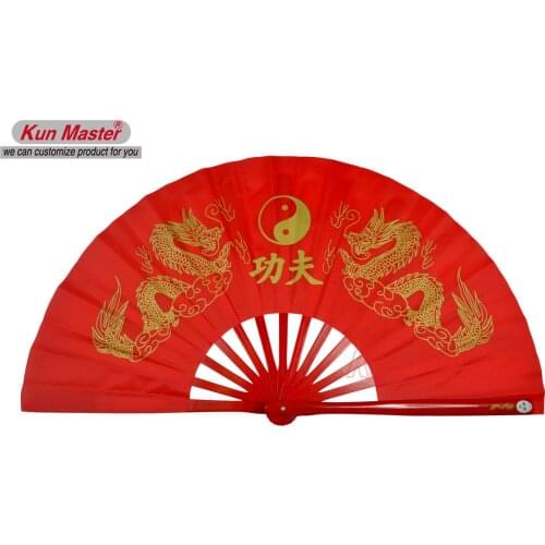 Bamboo Kung Fu Fighting Fan, Martial Arts Practice Performance Fan,Wu Shu Fan, Double Gold Dragon (red)