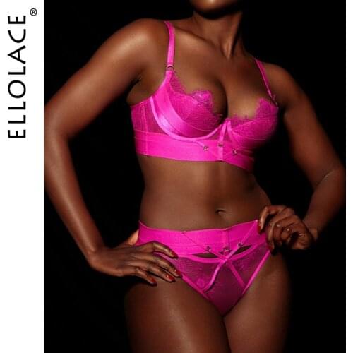 Ellolace Sensual Erotic Lingerie Underwear Set Pink Underwire Push Up Bra and Hollow Out Brief Setup Ladies Fancy Bilizna Set