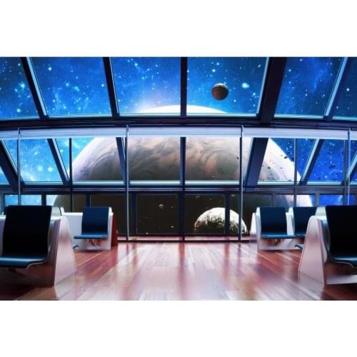 Outer Space Photography Background Blue Starry Sky With Planets Wood Floor And Chairs On The Space Station Backdrop For Boy Room