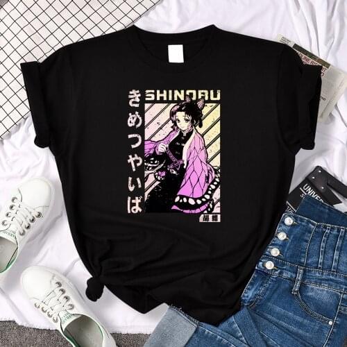 Tee shirt female anime Demon Slayer Kochou Shinobu print top women oversized Round neck snug tshirt woman Slim loose kawaii tees