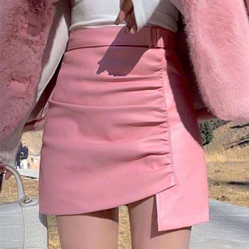 Sweet Girl Autumn/Winter Korean Sexy Women PU Mini Skirt Irregular Design Gentle Pink Girl Harajuku Elegant Woman Buttocks Skirt
