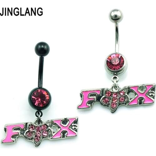 JINGLANG New Arrival Belly Button Rings Stainless Steel Barbell Dangle 2 Style Rhinestone Letter FOX Navel Piercing Jewelry