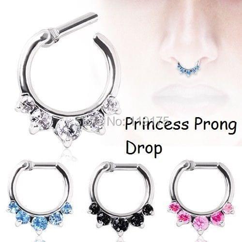 5 Gems Princess Prong Drop Septum Clicker Nose Piercing Nose Ring 316L Steel Nose Body Jewelry