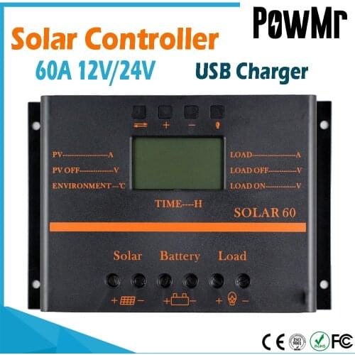 PowMr 60A Solar Controller Panel Battery 12V 24V Auto High Efficiency Use 5V USB Charger PWM Regulator With LCD Display