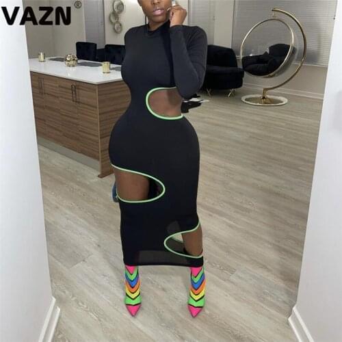VAZN 2020 Autumn Hot Popular Open Soft Black Sexy Night Club Patchwork Lace Full Sleeve High Waist Women Thin Maxi Dress