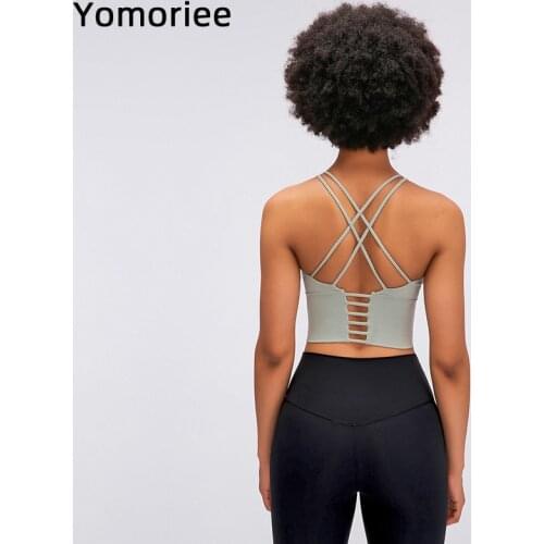 Solid Color Thin Shoulder Strap Cross Back Sports Underwear Yoga Womens Fitness Bra Vest Athletic Activewear Tops Yomoriee