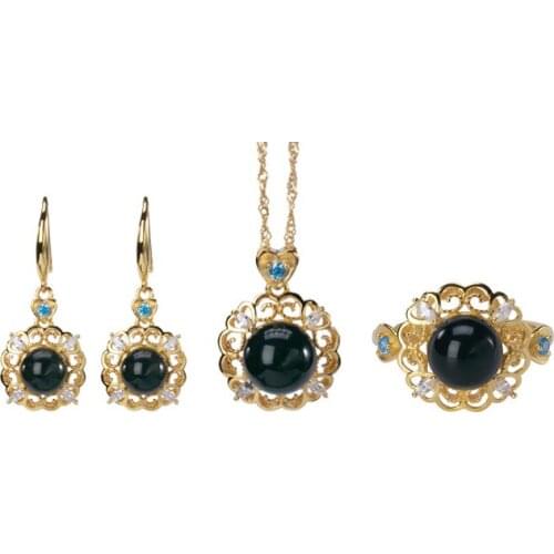 S925 sterling silver gold plated Natural Mexican blue amber Chain set Hollow out Love Ring Earrings Pendant Suit