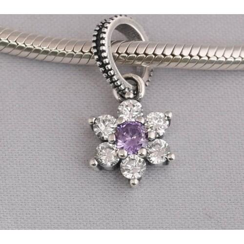 S925 Pendant DIY Jewelry Forget Me Not Dangle Charm fit Lady Bracelet Bangle Gift Purple & Clear CZ