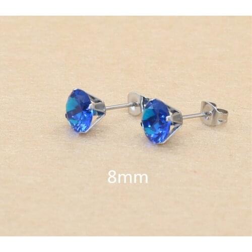 8mm AAA Round Colorful Blue Zircons Stud Earrings With Stianless Steel Needle Brief Jewelry 20 Colors For Choose No Allergy