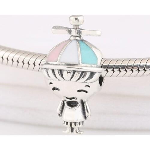 Authentic S925 Bead Propeller Hat Boy Charms fit Lady Bracelet Bangle DIY Jewelry Cute Gift