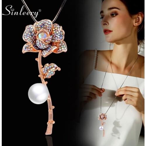 SINLEERY Sparkling Folwer Pendant Necklace Yellow Gold Color Full Black White Zircon Long Necklace For Women Jewelry MY462 SSO