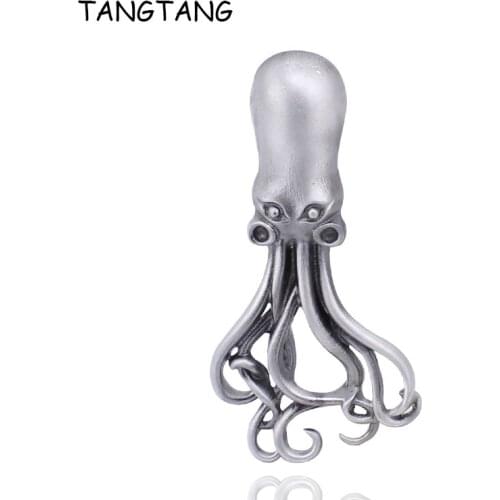 Vintage Black Polished Nautical Octopus Brooch Badge Metal Handmade Unique Fish Pin For Men Personality Tin Jewelry Item: BH8264