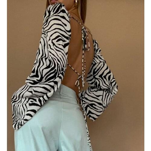 Animal Zebra Print Backless Lace Up T-shirt Sexy Elegant Women Autumn Long Sleeve Crop Tops Fashion Club Party Streetwear