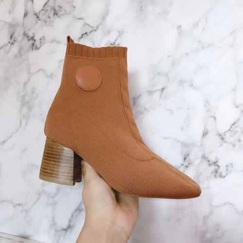 2019 New Fashion Luxury Boots Women Designers Stretch Fabric Slip-On Round Toe Hoof Heels High (5cm-8cm) Ankle Women Boots