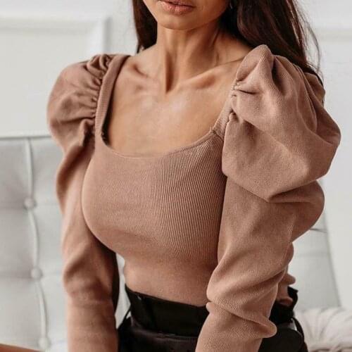 Women Casual Solid Romper Bodysuit Tops Ladies Long Puff Sleeve Square Neck Slim Jumpsuit Fashion Club Clothes Overalls Female