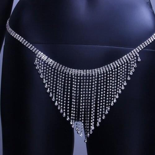 A5KC Women Sexy Glitter Rhinestone Body Chain Bikini Set Shiny Faux Crystal Tassels Bra and Panties Underwear Jewelry Lingerie