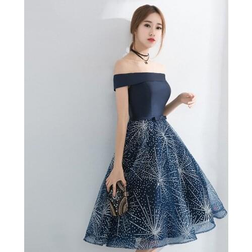 Vestidos do baile de fina Pompous skirt short dress straps Off Shoulder Navy woman party night Formal Party Gowns for Wedding