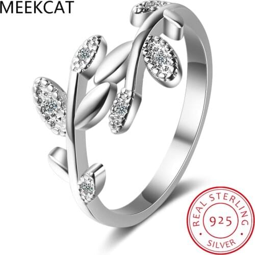 Korean 925 Sterling Silver Handmade Olive Leaf Rings for Women Exquisite CZ Stone Adjustable Open Ring Silver 925 Jewelry