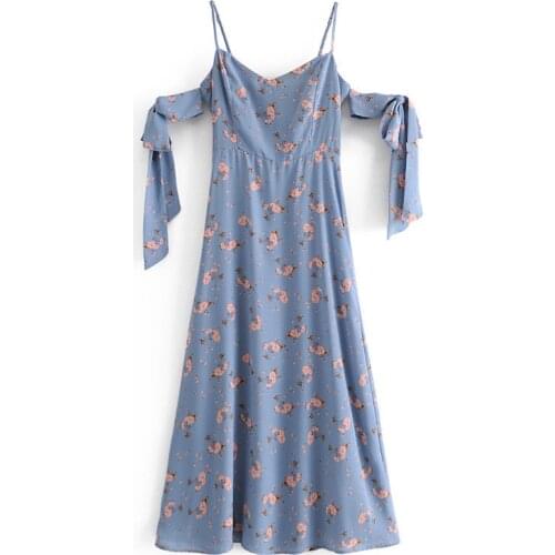 Evfer Women Fashion Sleeve Bow Floral Print Blue Long Dress Chic Lady High Wasit Sleeveless Spaghetti Strap Slim Elastic Dress
