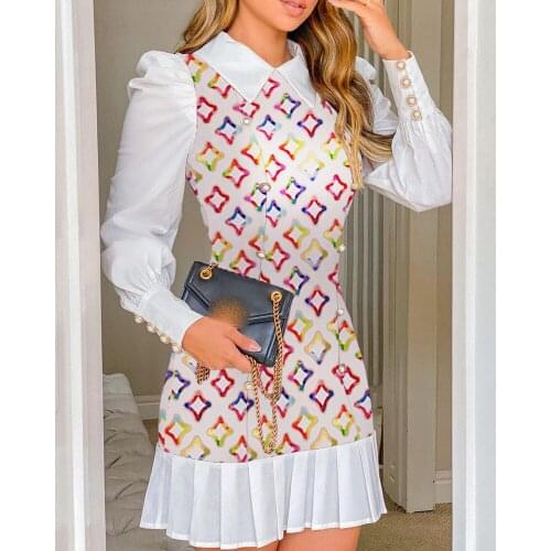 Elegant Plaid Patchwork Button Pleated Women Peter pan Collar Long Sleeve Office Bodycon Mini Dresses 2021 Autumn High Street St