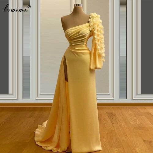 Arabic Yellow Simple Evening Dresses Mermaid Long Evening Gowns One Shoulder Celebrity Dresses Women Party Vestidos De Noite