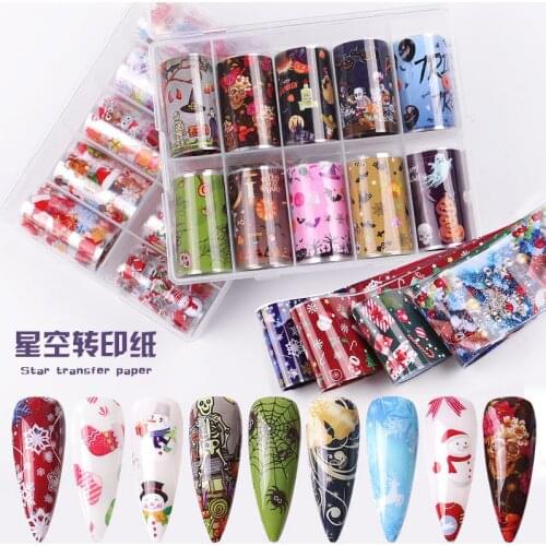 10pcs/Box Holographic Nail Foil Set Christmas pattern Stickers for Nails Nail Art Transfer Sticker Manicure Tips Decoration