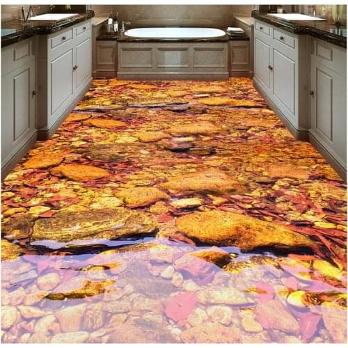3D Floor Non-slip Waterproof Self-adhesive PVC Wallpaper Yellow Water Wave Reflection Stone Floor Modern Custom 3D Floor Mural