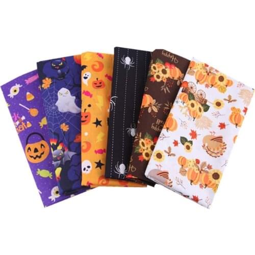 6 Packs Halloween Theme Cotton Fabric Square Sheets Pumpkins Ghosts Spider Print Fabric Bundle for Craft Patchwork Sewing