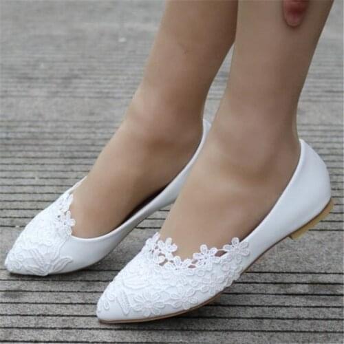 Flat Ballet Queen Shoes White Lace Crystal Wedding Casual Shoes Flat Heel For Women Princess Wedding Plus Size 43