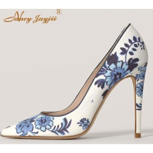 White Floral Stilettos Pumps Woman Super High Thin Heels Pointed Toe Slip On Large Size 30 33 Ladies Female Dress Shoes Elegant