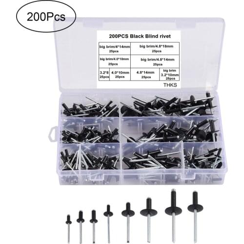 200PCS Black Aluminium Blind Rivets 8mm-18mm Nail Head Rivets Nail Decoration Pop Rivets For Furniture Car Aircraft