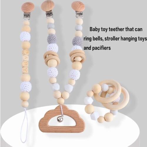 Wooden Teether Baby Pram Chain Crochet Pacifier Baby Teething Toy Stroller Decor Silicone Baby Teether