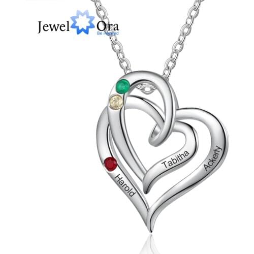 JewelOra Designer Personalized Inlaid Birthstone Love Heart Pendant Necklace Customized Name Engraving Necklace Couples Gifts