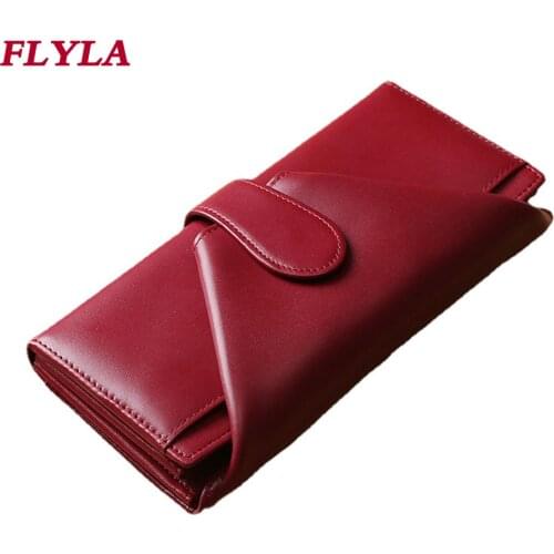 RFID New Women Genuine Leather Wallet Long Buckle Multi-card Pocket Wallet Female Luxury Leather Clutch