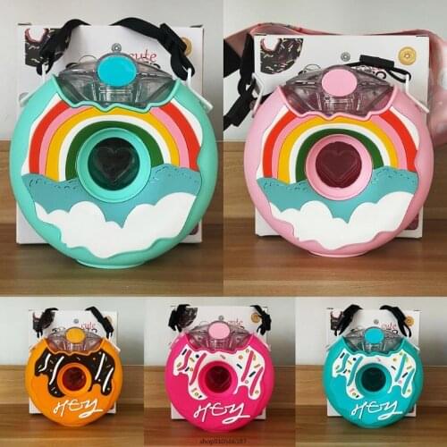 Creative Sweet Buns Shape Round Water Bottle with Straw Shoulder Strap Kids Student Portable School Leakproof Drinking Cup au12