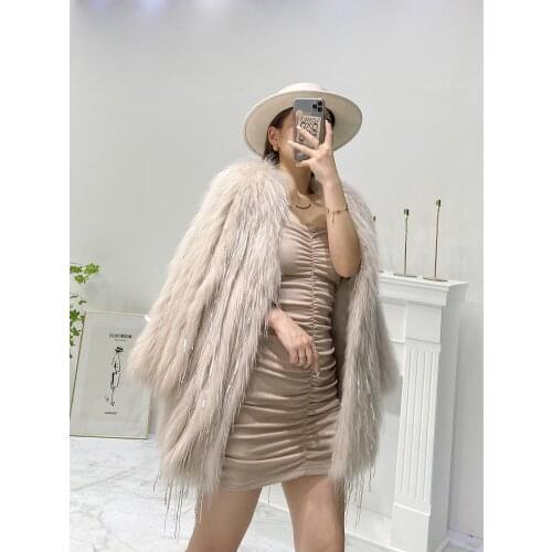 Natural genuine real Raccoon Fur Coat womens Luxurious fashion jacket Sequin tassel outwear