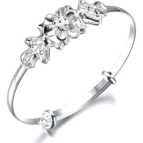 Fashion 925 Sterling Silver Woman Cuff Bracelet Adjustable Flower Lucky Bangle Retro Bridesmaid Jewelry Charm Gifts