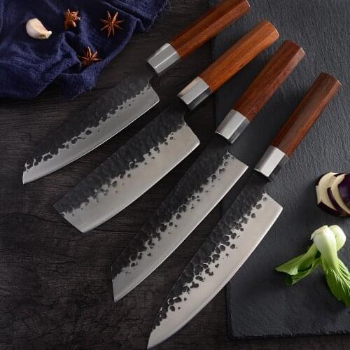 XYj Handmade Forged Butcher Kitchen Knife Set Leather Sheath Case Serbian Camping Knife Chef Chopping Santoku Knife