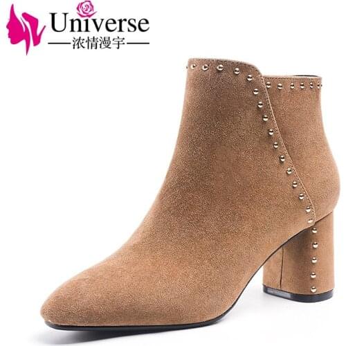 Universe J208 new arrival brown suede leather slip-on women winter ankle boots chucky heel ladies boots 2020