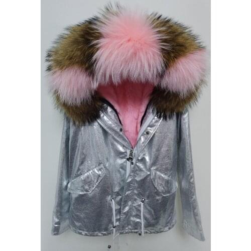 Winter fashion jacket silver coat women parka hooded natural silver fur coat big real raccoon fur collar amazing qualityfast