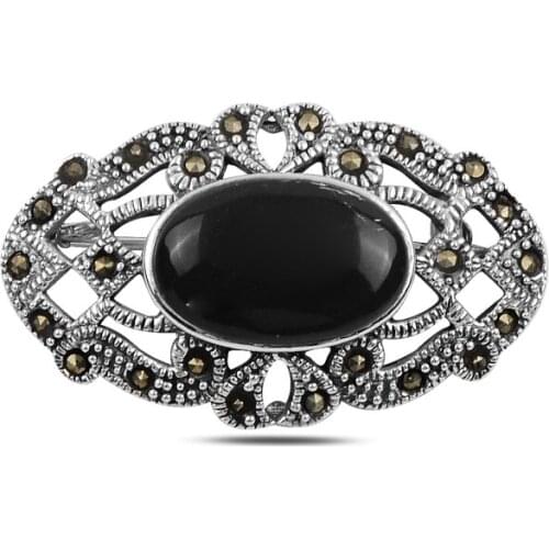 Silverlina Silver Natural Stone & Marcasite Gemstone Brooch