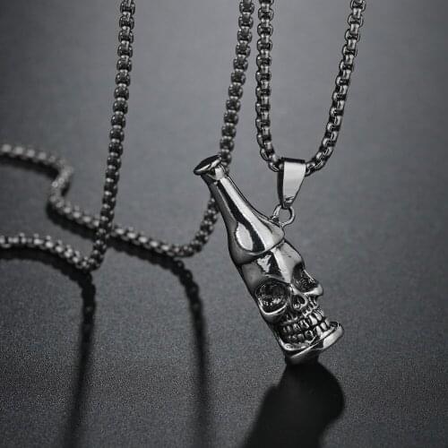 Party Jewelry Skull Wine Bottle Pendant Necklace Men Stainless Steel Chain Charm Punk Hiphop Necklaces Jewellry Boyfriend Gift