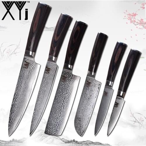 XYj VG10 Core 67 Layer Damascus Steel Knife Fruit 2*Utility 2*Santoku Chopping Slicing Chef Kitchen Knife Set Cooking Knife