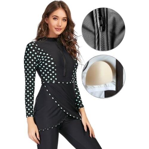 Women Muslims Swimwear Blue Trousers Hooded Burkinis Swimsuit Suit Hijab 3 piece Elegant Sport Fashion Islamic Beachwear 2021